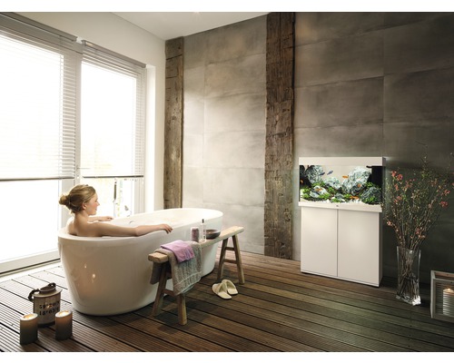 Salle de bains lumineuse avec baignoire autoportante, plancher en bois et aquarium