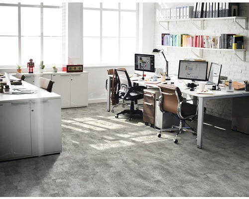 Büro mit Schreibtischen, Bürostühlen, Computern und Regalen