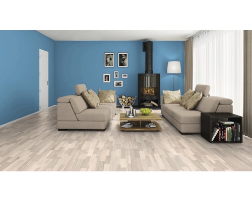 Heller Wohnraum mit Holzboden, Couchgarnitur, Kamin und Dekoration für eine freundliche Atmosphäre.