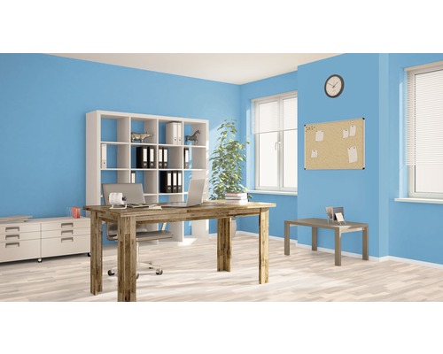 Büro mit Schreibtisch, Bürostuhl, Regal und Korktafel