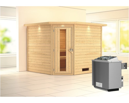 Sauna en madriers Karibu Leona avec poêle 9 kW et commande intégrée avec couronne et porte en bois avec verre à isolation thermique