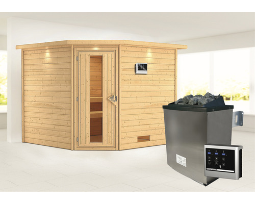 Sauna en bois massif Karibu Leona avec poêle 9 kW et commande externe avec couronne et porte en bois avec verre à isolation thermique