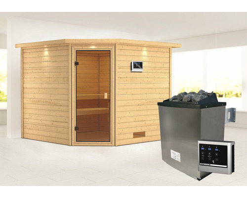 Sauna en bois massif Karibu Leona avec poêle 9 kW et commande externe avec couronne et porte entièrement vitrée couleur bronze