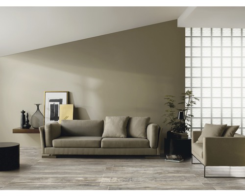 Wohnzimmer mit Sofa, Sessel, Regal und Dekoration auf Holzboden