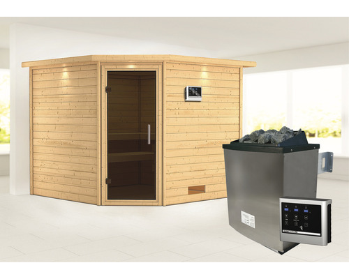 Sauna en bois massif Karibu Leona avec poêle 9 kW et commande externe avec couronne et porte entièrement vitrée couleur graphite