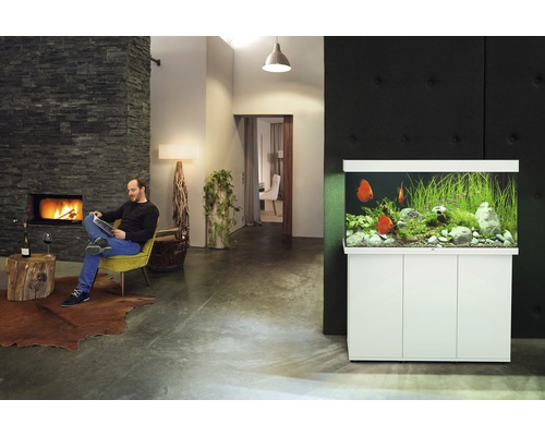 Salon moderne avec aquarium, cheminée et homme lisant