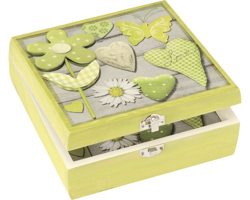 Boîte décorative en bois avec motifs de cœurs, de fleurs et de papillons