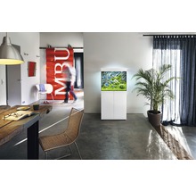 Salon moderne avec aquarium sur meuble bas, table et chaise