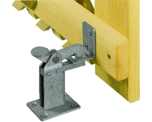 Butée de portail métallique montée sur une clôture en bois