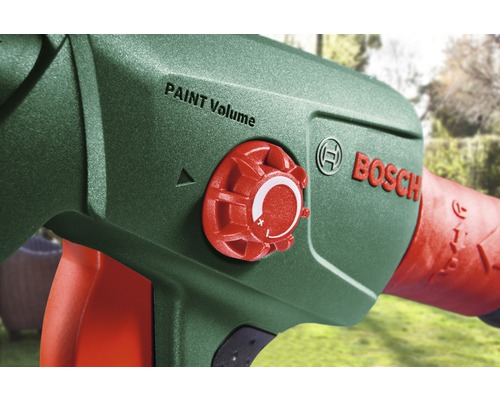 Detail einer Farbspritzpistole mit Farbmengenregler und Bosch Logo