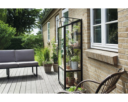 Gewächshaus aus Glas und Metall mit Pflanzen auf einer Terrasse