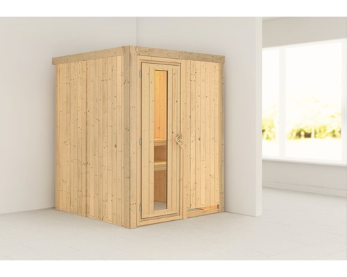 Sauna Plug & Play Karibu Sinja sans poêle ni couronne, avec porte en bois et verre isolé thermiquement-0