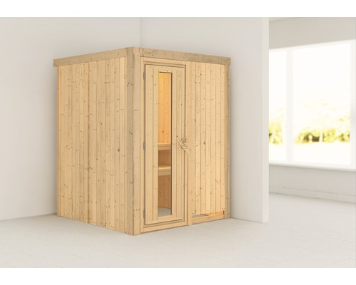 Sauna Plug & Play Karibu Sinja sans poêle ni couronne, avec porte en bois et verre isolé thermiquement