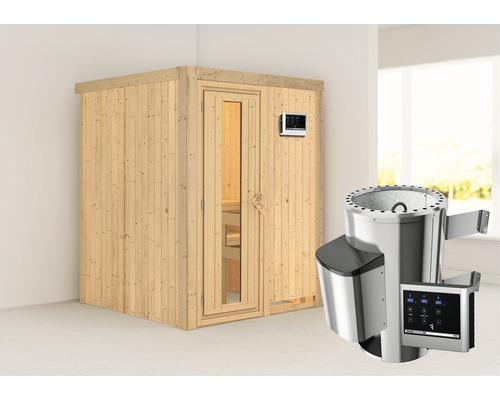 Sauna Plug & Play Karibu Sinja poêle 3,6 kW et commande externe, avec couronne et porte en bois avec verre à isolation thermique