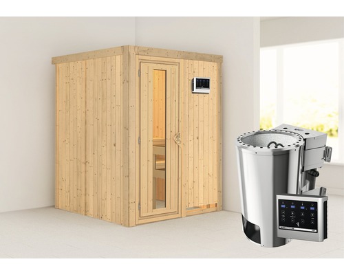 Sauna Plug & Play Karibu Sinja avec poêle Bio 3,6 kW et commande externe, sans couronne, avec porte en bois en verre isolé thermiquement