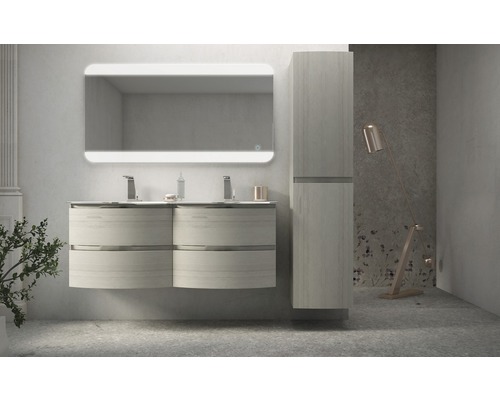 Salle de bain avec meuble sous-lavabo, miroir lumineux et armoire haute