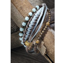 Bracelet à plusieurs rangs avec perles, tresses et bandes lisses sur bois