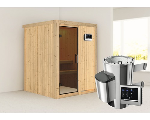 Sauna Plug & Play Karibu Sinja avec poêle 3,6 kW et commande externe, sans couronne avec porte entièrement vitrée coloris graphite