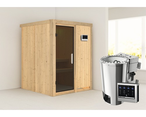 Sauna Plug & Play Karibu Sinja avec poêle bio 3,6 kW et commande externe, sans couronne avec porte entièrement vitrée coloris graphite