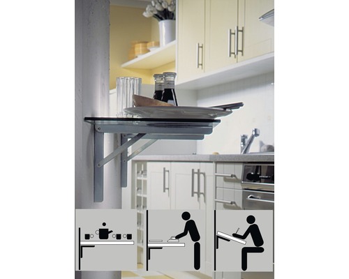 Table murale pliante dans un environnement de cuisine avec des exemples d''utilisation sous forme d''icônes