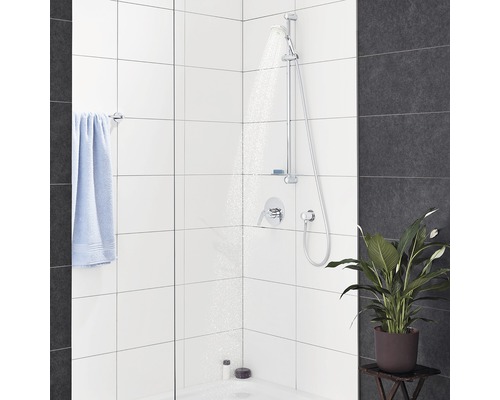 Helles Badezimmer mit Brausegarnitur, Handtuch und Pflanze.