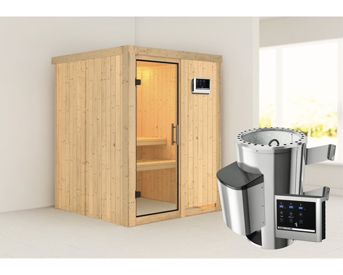 Sauna Plug & Play Karibu Sinja avec poêle 3,6 kW et commande externe, sans couronne, avec porte entièrement vitrée transparente