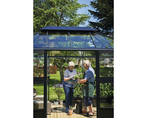 Serre avec deux personnes faisant du jardinage