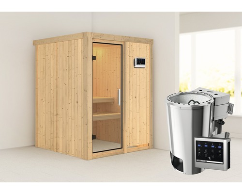 Sauna Plug & Play Karibu Sinja avec poêle bio 3,6 kW et commande externe, sans couronne, avec porte entièrement vitrée transparente