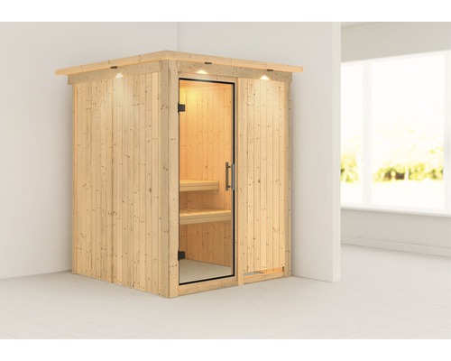 Sauna modulaire Karibu Achat I sans poêle avec couronne et porte vitrée transparente