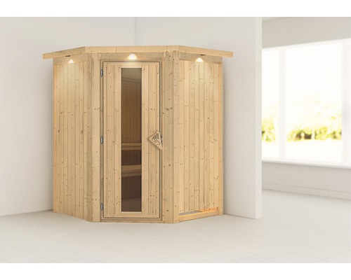 Sauna Plug & Play Karibu Achat II sans poêle, avec couronne et porte bois en verre isolé thermiquement