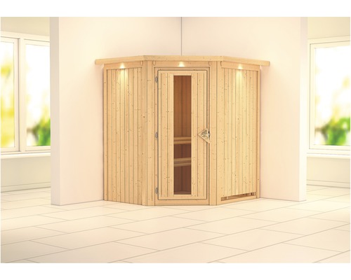 Sauna Plug & Play Karibu Achat III sans poêle, avec couronne et porte bois en verre isolé thermiquement-0