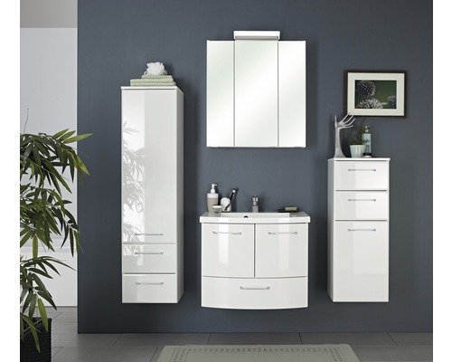 Salle de bains avec armoire de toilette, meuble sous-lavabo et armoire haute en blanc brillant