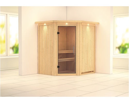 Sauna Plug & Play Karibu Achat III sans poêle, avec couronne et porte entièrement vitrée transparente