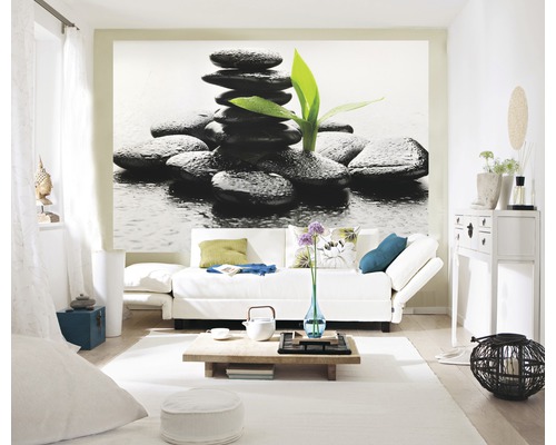 Salon avec papier peint photo de pierres et de bambou