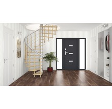 Heller Flur mit Wendeltreppe, Haustür und Garderobenschrank