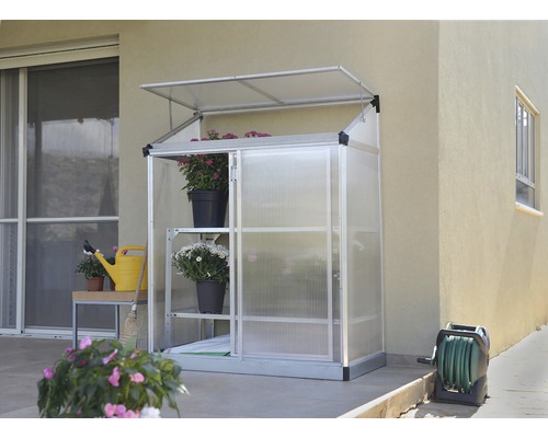 Gewächshaus mit Regalen, Blumen und geöffnetem Dach