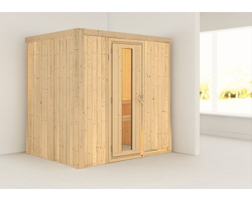 Sauna Plug & Play Karibu Wanja sans poêle ni couronne, avec porte en bois et verre isolé thermiquement