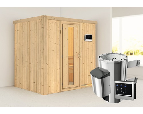 Sauna Plug & Play Karibu Wanja poêle 3,6 kW et commande externe, sans couronne et porte en bois avec verre à isolation thermique