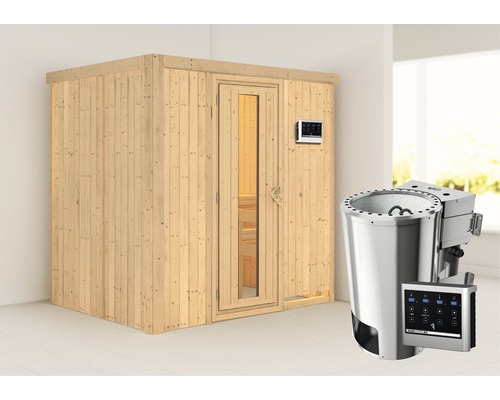 Sauna Plug & Play Karibu Wanja avec poêle Bio 3,6 kW et commande externe, sans couronne, avec porte bois en verre isolé thermiquement