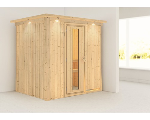 Sauna Plug & Play Karibu Wanja sans poêle avec couronne et porte en bois avec verre isolant isolé thermiquement