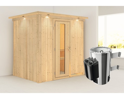 Sauna Plug & Play Karibu Wanja y compris poêle 3,6 kW et commande intégrée avec couronne et porte en bois en verre isolant isolé thermiquement