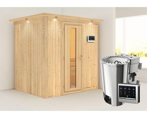 Sauna Plug & Play Karibu Wanja avec poêle bio 3,6 kW et commande externe, avec couronne et porte en bois avec verre isolant thermiquement