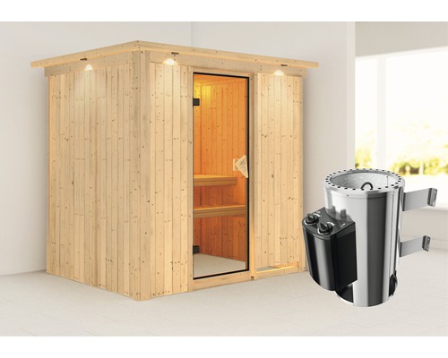 Sauna Plug & Play Karibu Wanja avec poêle 3,6 kW et commande intégrée avec couronne et porte entièrement vitrée coloris bronze