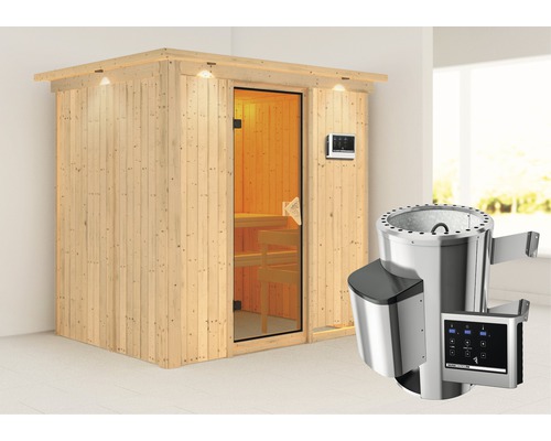 Sauna Plug & Play Karibu Wanja avec poêle 3,6 kW et commande externe, avec couronne et porte entièrement vitrée coloris bronze