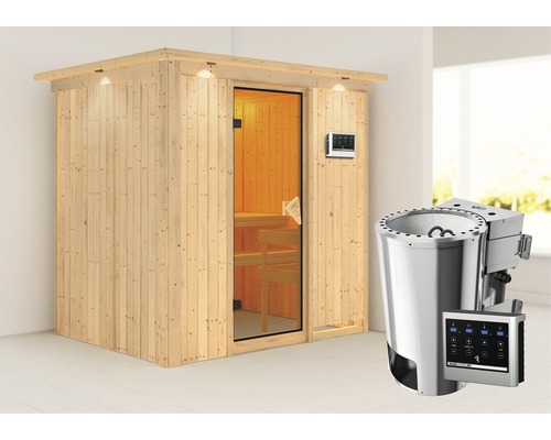 Sauna Plug & Play Karibu Wanja avec poêle bio 3,6 kW et commande externe, avec couronne et porte entièrement vitrée coloris bronze