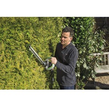 Mann schneidet Hecke mit einer Heckenschere
