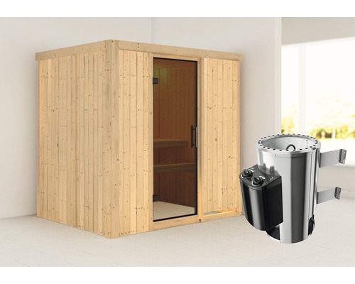 Sauna Plug & Play Karibu Wanja avec poêle 3,6 kW et commande intégrée sans couronne avec porte entièrement vitrée coloris graphite