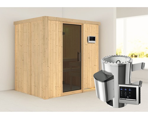 Sauna Plug & Play Karibu Wanja avec poêle 3,6 kW et commande externe, sans couronne avec porte entièrement vitrée coloris graphite