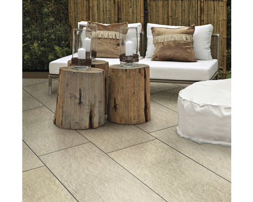 Dalle de terrasse FLAIRSTONE en grès cérame fin Garden Sand bords rectifiés 90 x 45 x 2 cm