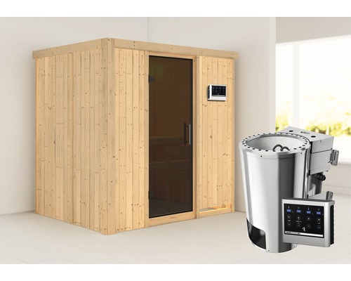 Sauna Plug & Play Karibu Wanja avec poêle bio 3,6 kW et commande externe, sans couronne avec porte entièrement vitrée coloris graphite